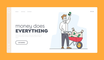 Rich Man with Wheelbarrow of Dollar Sacks Landing Page Template. Male Character Richness, Wealth and Prosperity, Money