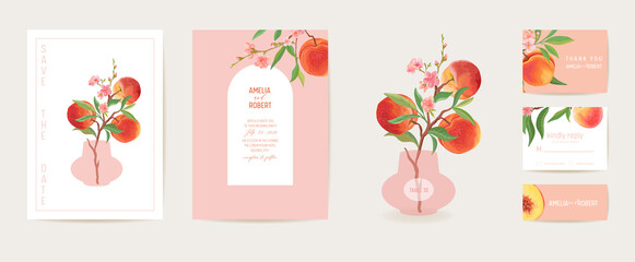 Peach invitation vector card. Wedding vintage botanical Save the Date set. Design template of fruits