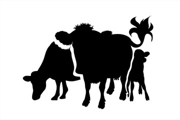 Vector silhouette of collection of cows and calf on white background. Symbol of farm animal.