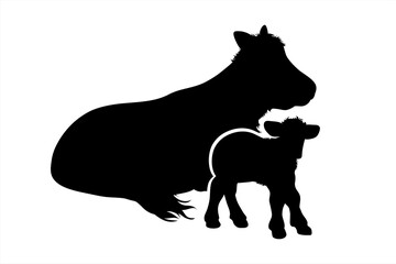 Vector silhouette of cow and calf on white background. Symbol of farm animal.