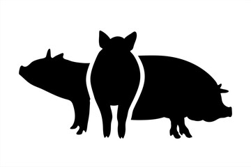 Vector silhouette of set of pigs on white background. Symbol of farm animals.