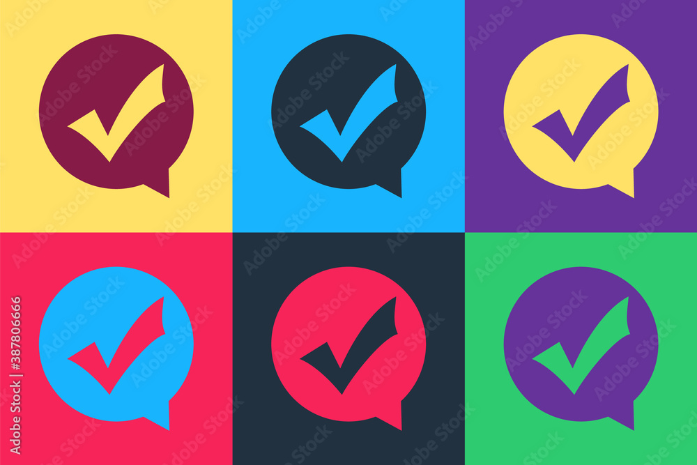 Poster pop art check mark in circle icon isolated on color background. choice button sign. checkmark symbol