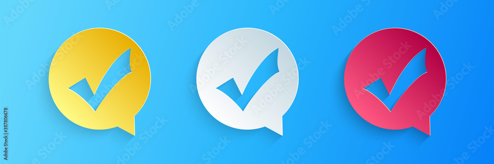 Aufkleber paper cut check mark in circle icon isolated on blue background. choice button sign. checkmark symbo