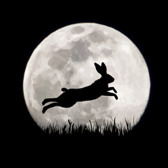 Vector silhouette of jumping hare on moon background. Symbol of night and field animals. © majivecka