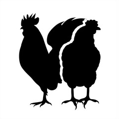 Vector silhouette of rooster with hen on white background. Symbol of farm animal and poultry.