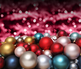 Christmas decorations, pile of glass colored balls isolated on blurred red bright lights, useful as a greeting gift card background 