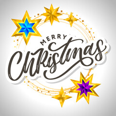 Merry Christmas card with hand drawn lettering and stars on dark background. Cute Holiday golden frame background