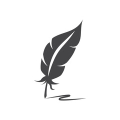 Quill pen with ink trail black vector icon. Bird feather with writing track symbol.