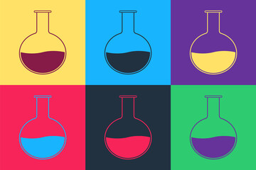 Pop art Test tube and flask - chemical laboratory test icon isolated on color background. Laboratory glassware sign. Vector.