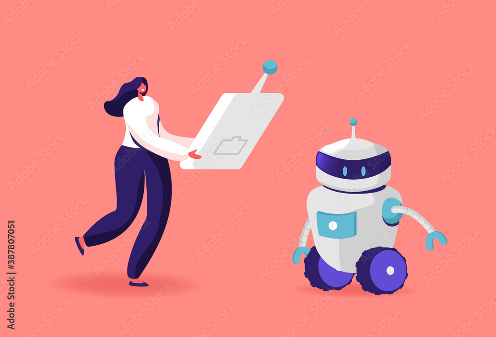 Poster human and robot concept. tiny female character carry huge remote control to make robot moving. cybor