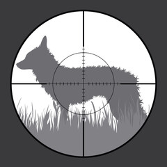 Vector silhouette of fox in rifle sight while hunting. The hunter watches his victim.