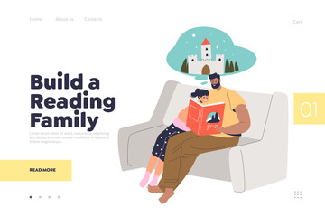 Family reading landing page concept with cartoon father and daughter read book together