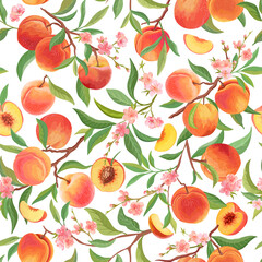 Seamless peach pattern with tropic fruits, leaves, flowers background. illustration in watercolor style