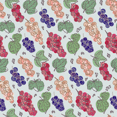 Seamless pattern with currant and leaves. Graphic hand drawn flat style. Doodle illustration for packaging, menu cards, posters, prints.