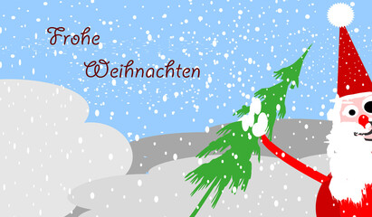 Weihnachtskartenmotiv. Nikolaus mit Tannenbaum im Schnee
