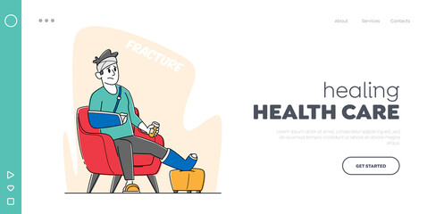 Injured Patient Landing Page Template. Male Character with Bounded Leg, Head and Arm Sit in Armchair at Home or Hospital