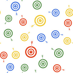 Color Target with arrow icon isolated seamless pattern on white background. Dart board sign. Archery board icon. Dartboard sign. Business goal concept. Vector.