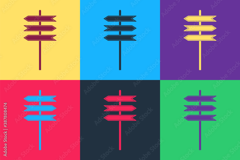 Poster pop art road traffic sign. signpost icon isolated on color background. pointer symbol. isolated stre