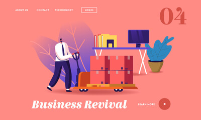 Business Revival Landing Page Template. Businessman Pushing Trolley with Cargo Boxes near Office Desk with Computer