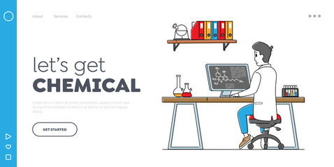 Pharmaceutical Research Landing Page Template. Scientist Male Character Work on Pc in Laboratory. Chemistry Science