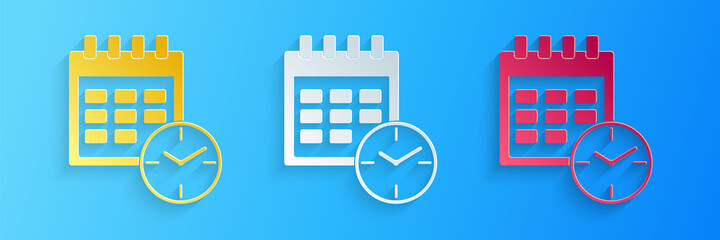 Paper cut Calendar and clock icon isolated on blue background. Schedule, appointment, organizer, timesheet, time management, important date. Paper art style. Vector.