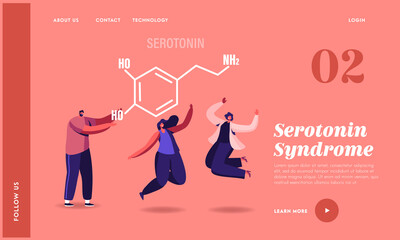 Serotonin Landing Page Template. Characters Enjoying Life due to Hormones Production. Happy Women Smiling, Jumping