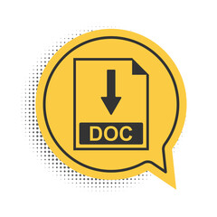 Black DOC file document icon. Download DOC button icon isolated on white background. Yellow speech bubble symbol. Vector.