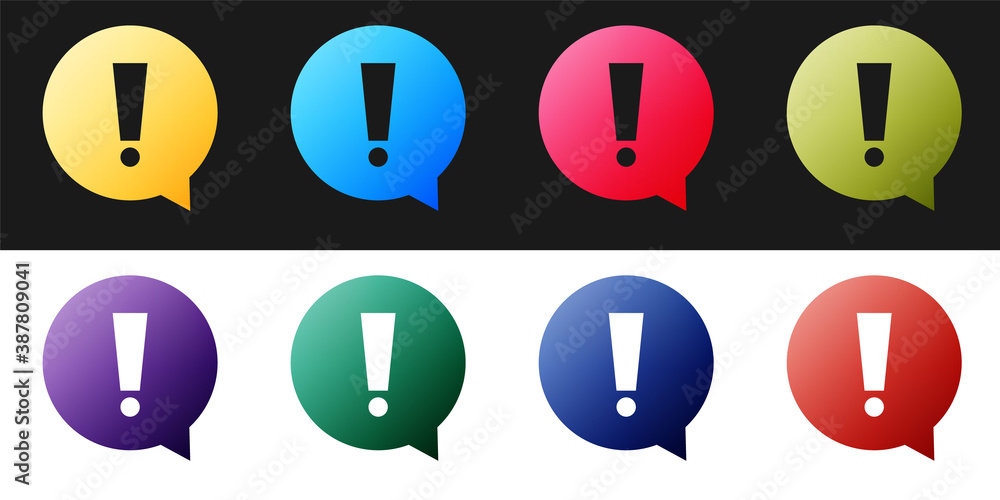 Poster set exclamation mark in circle icon isolated on black and white background. hazard warning symbol. v