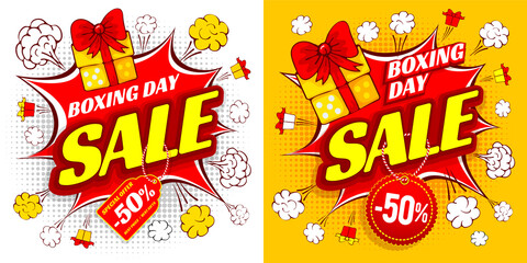 Advertisement for Christmas sale campaign. Bright Promotional design in pop art style for store. Boxing day celebration. Gift box, percentage tag and lettering on background, which look like explosion