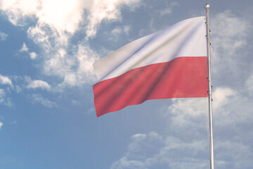 Fototapeta na wymiar 3d rendering of National Flag concept. Flag of Poland waving in wind. Blue cloudy sky on background. 