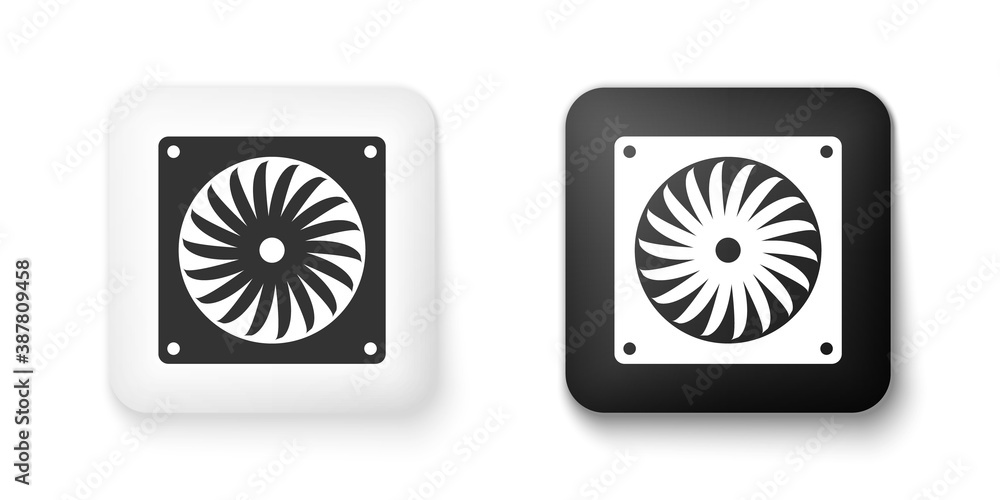 Aufkleber black and white computer cooler icon isolated on white background. pc hardware fan. square button. v