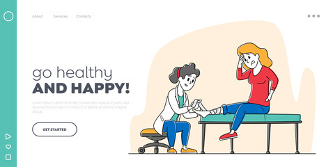 Limb Fracture, Healthcare, Hospital Visit Landing Page Template. Medical Doctor Character Bandage Broken Leg at Clinic
