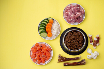 Dry pet dog food in bowl and treats with natural ingredients. Raw meat, fish, vegetables, rice. concept of correct balanced and healthy nutrition for dog, flat lay with copy space
