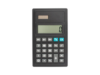 front of electronic calculator with zero number on display isolated on white