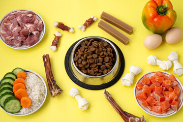 Dry pet dog food in bowl with natural ingredients. Raw meat, fish, vegetables, eggs and salad. concept of correct balanced and healthy nutrition for pet