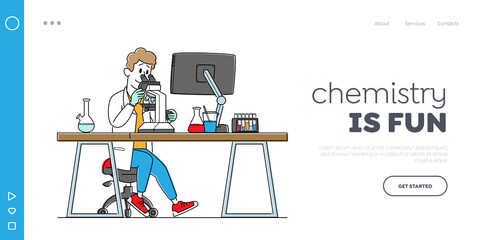 Pharmaceutic or Chemical Laboratory Research, Experiment Landing Page Template. Male Scientist Character Work in Lab