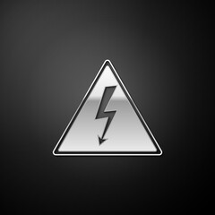 Silver High voltage sign icon isolated on black background. Danger symbol. Arrow in triangle. Warning icon. Long shadow style. Vector.