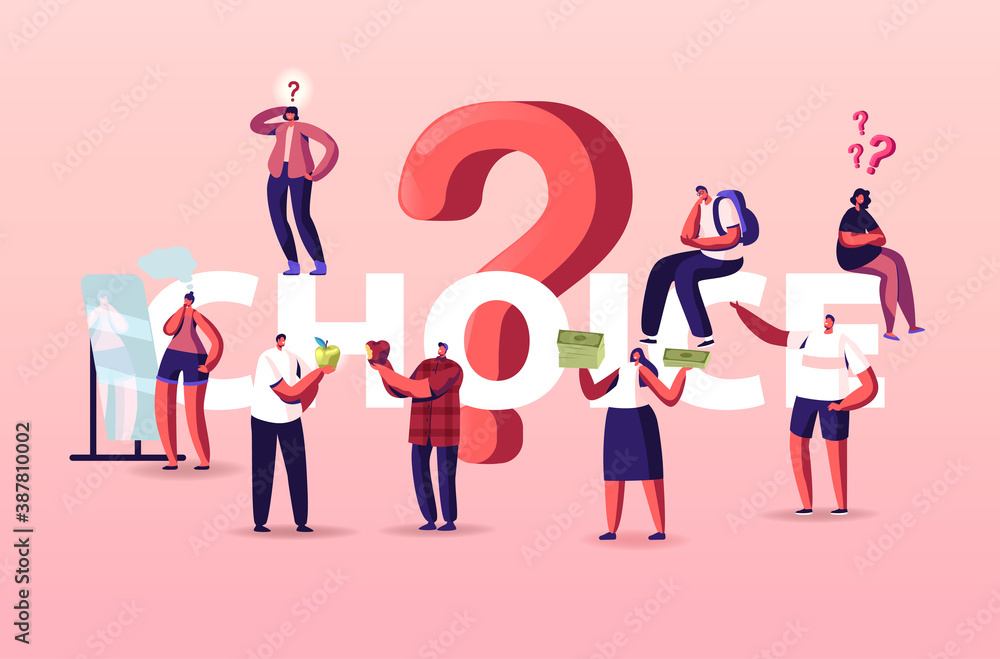 Poster people making choice concept. tiny characters thinking under huge question mark. doubts and confusio