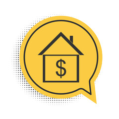 Black House with dollar icon isolated on white background. Home and money. Real estate concept. Yellow speech bubble symbol. Vector.