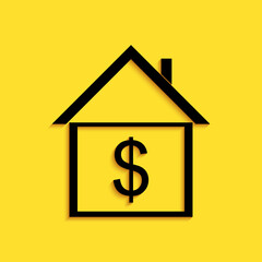 Black House with dollar icon isolated on yellow background. Home and money. Real estate concept. Long shadow style. Vector.