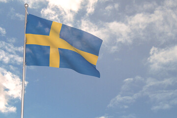 3d rendering of National Flag concept. Flag of Sweden waving in wind. Blue cloudy sky on background. 
