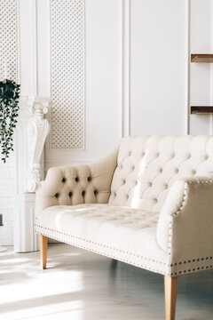 White comfortable sofa in elegant living room. © nikkimeel