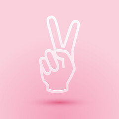 Paper cut Hand showing two finger icon isolated on pink background. Victory hand sign. Paper art style. Vector.