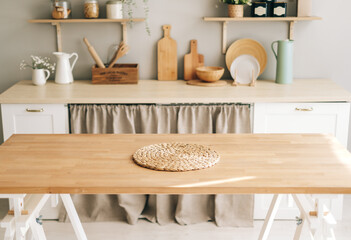 Naklejka na ściany i meble Empty wooden table in modern kitchen.