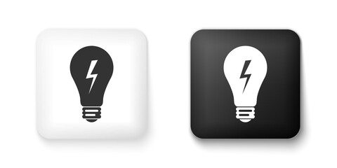 Black and white Light lamp sign. Bulb with lightning symbol icon isolated on white background. Idea symbol. Square button. Vector.