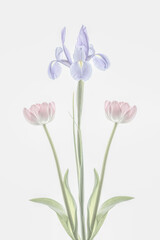 Naklejka na ściany i meble Two graceful pink tulips and a purple iris backlit on a white background