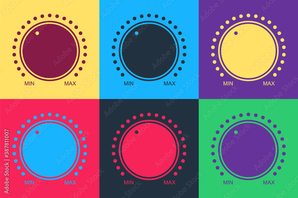 Poster pop art dial knob level technology settings icon isolated on color background. volume button, sound 