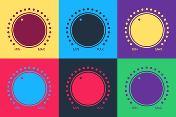Pop art Dial knob level technology settings icon isolated on color background. Volume button, sound control, music knob with scale, analog regulator. Vector.