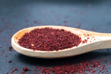 sumac spice in a wooden spoon close-up macro. selective focus