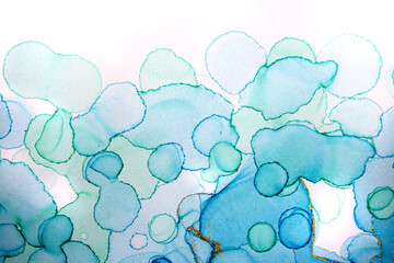 Alcohol ink blue handdrawn watercolor drops on white background. Bubbles imitation.
